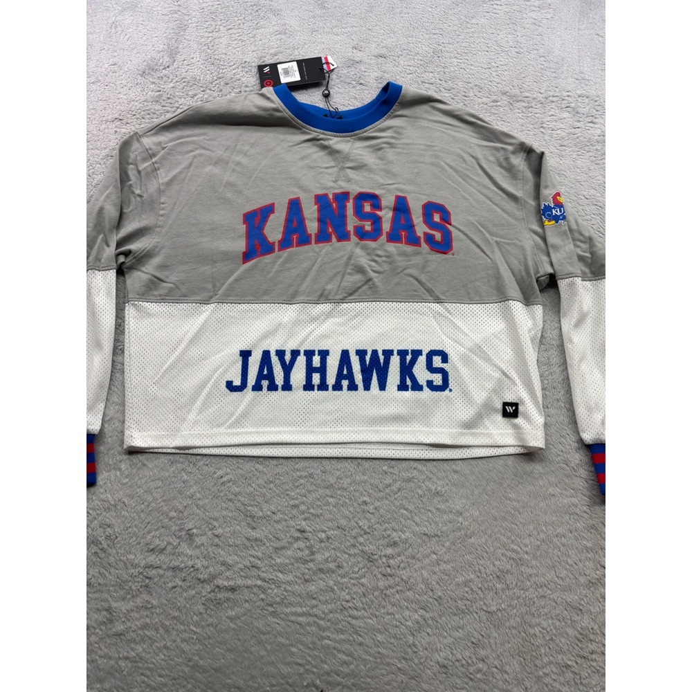 The Wild Collective Kansas Jayhawks Mesh Crew Fleece Grey White Small TAR312AAKC